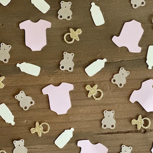 Bär Babyparty Konfetti: Rosa Strampler, Gold Schnuller - 120 Stück