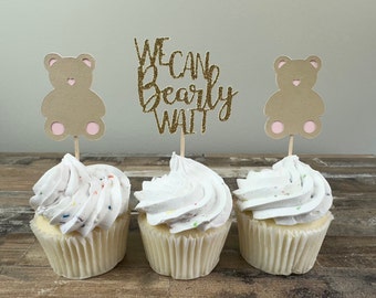 We Can Bearly Wait Cupcake Toppers - 12 stuks / Bear Baby Shower Toppers - Roze