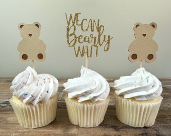 We Can Bearly Wait Cupcake Toppers - 12 pack / Bear Baby Shower Toppers - Brown