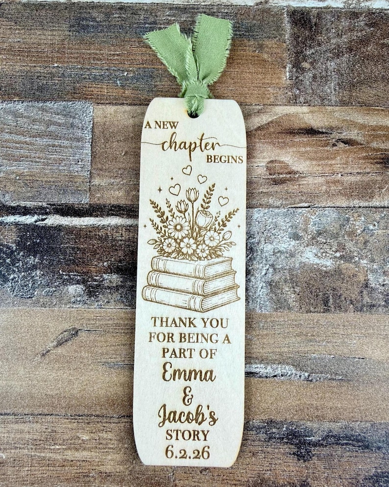Personalized Wooden Bookmark Favor | Engraved Wedding Guest Gift, A New Chapter Begins image 6