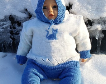 Baby Boy Hand Knitted Sweater, Cardigan with Cat. Blue & White Merino Wool Jacket.