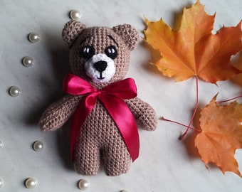 Valentine's Day Gift Amigurumi Bear With Ribbon/ Handmade Teddy Bear Soft Toy for Baby/ Crochet Amigurumi Toy Gift