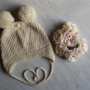 Cute Floral Winter Knit Beanie with Pom-Pom & Ear Flaps for Kids