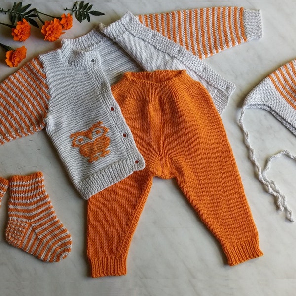 Baby Clothes/ Knit Newborn Going Home Outfit/ Merino Wool Owl Pattern Sweater Set/ Toddler Boy, Girl Pants, Cardigan, Hat & Socks