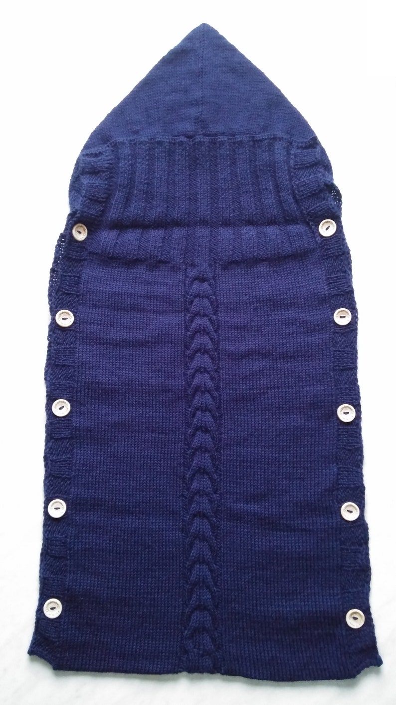 Dark Blue Newborn Cocoon, Baby Cocoon, Newborn Sack with hood And Button, 60% Merino wool. More colors available image 4