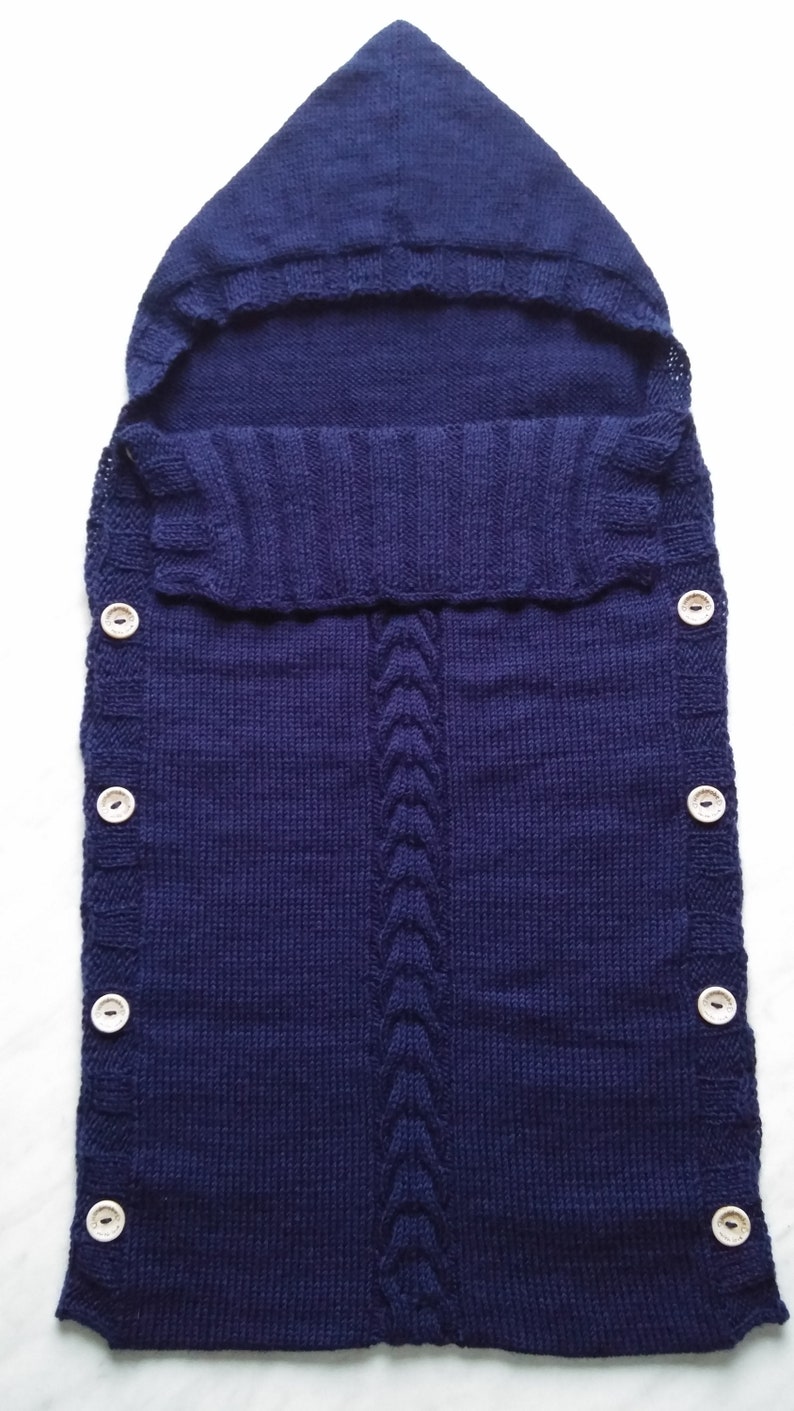Dark Blue Newborn Cocoon, Baby Cocoon, Newborn Sack with hood And Button, 60% Merino wool. More colors available image 1