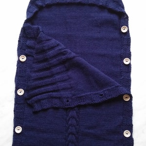 Dark Blue Newborn Cocoon, Baby Cocoon, Newborn Sack with hood And Button, 60% Merino wool. More colors available image 2