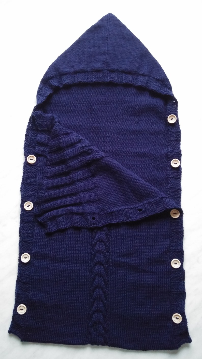 Dark Blue Newborn Cocoon, Baby Cocoon, Newborn Sack with hood And Button, 60% Merino wool. More colors available image 2