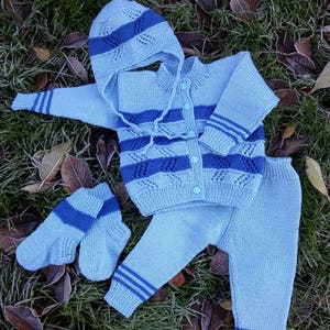 Hand Knit Baby/ Toddler Boy/ Girl Sweater Lace Set With Stripes - Jacket, Pants, Hat & Socks for Baby, 60% Merino Wool. Sizes 0-24M.
