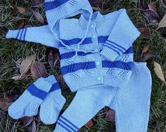 Hand Knit Baby/ Toddler Boy/ Girl Sweater Lace Set With Stripes - Jacket, Pants, Hat & Socks for Baby, 60% Merino Wool. Sizes 0-24M.