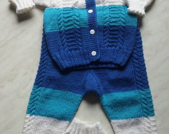 READY TO SHIP 6-12 Months! Hand Knit Baby/ Toddler Boy Sweater Set - Jacket Pants Hat & Socks for Baby, 60% Merino Wool