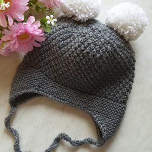 Cute Floral Winter Knit Beanie with Pom-Pom & Ear Flaps for Kids main image 1
