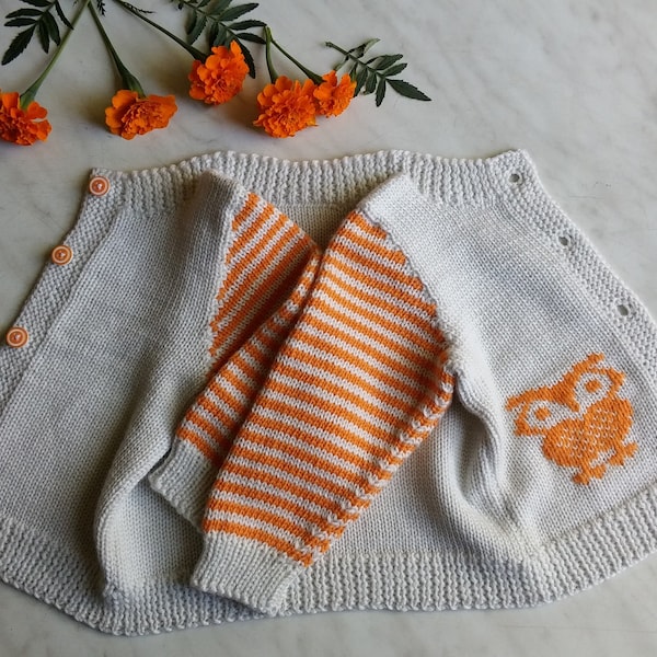 Baby Owl Sweater/ Hand Knit Newborn Jacket with Owl/ Warm Knit Merino Wool Cardigan/ Unisex Baby Sweater