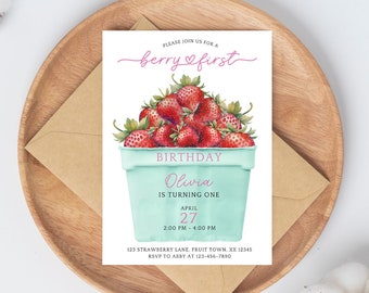 Berry First Birthday Invitation Template, Strawberry 1st Birthday Invite, Girls 1st Birthday Invitation, Digital Invite, Print with Canva