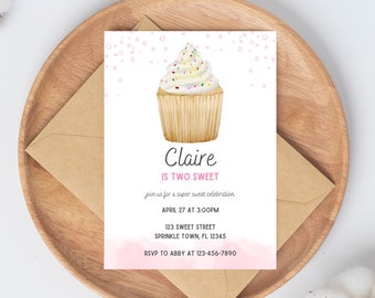 Editable Birthday Invitation - Two Sweet, Cupcake, Pink, Edit in Canva