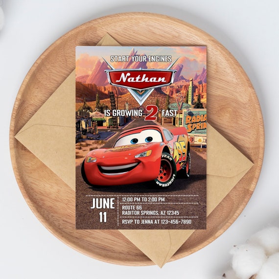 Editable Cars Invitation - Lighting McQueen, Cars, Disney, Growing Two Fast, Edit with Canva