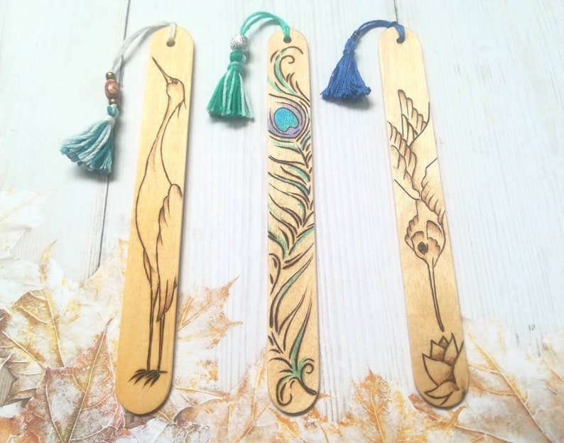 Bird pyrography bookmarks planner page marker crane | Etsy