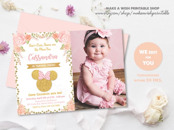 Pink and Gold Minnie Mouse Birthday Invitation With Photo, Minnie Birthday Invite, Girl Birthday Invitation Photo, Birthday Invitation Pink Il_570xn