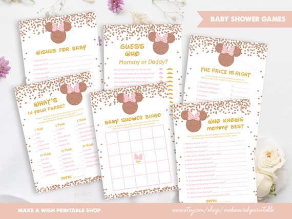 Rose Gold and Pink Minnie Mouse Baby Shower Games Package Printable, Guess Who Game, What's in Your Purse, Price is Right, Baby Wishes US461 Il_570xn
