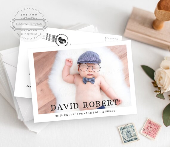 Corjl Baby Birth Announcement Photo Card, Editable Newborn Announcement Template, Baby Shower Photo Thank You Postcards, Instant Download Il_570xn