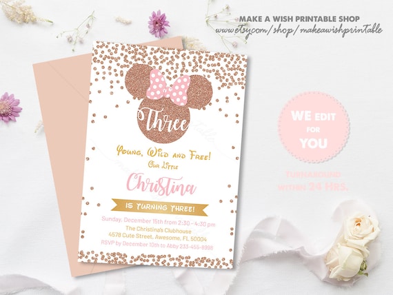 Young Wild and Three Invitations Girl, Young Wild and Free, Minnie Mouse 3rd Birthday Invitation, Birthday Rose Gold Invitation, Minnie 3rd Il_570xn