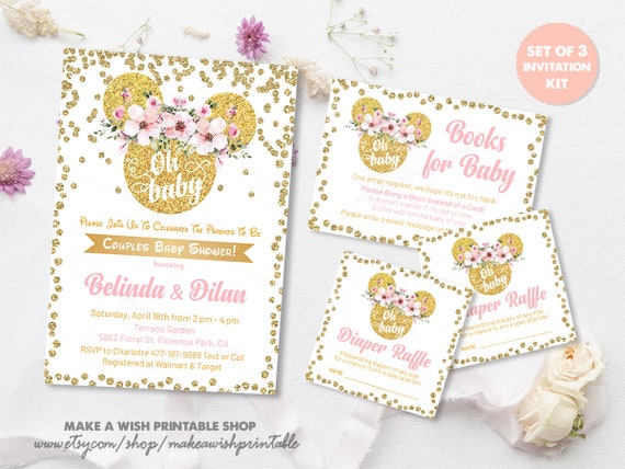 pink and gold minnie mouse baby shower invitations