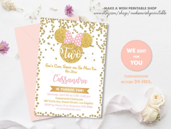 minnie 2nd birthday invitation pink gold minnie mouse birthday