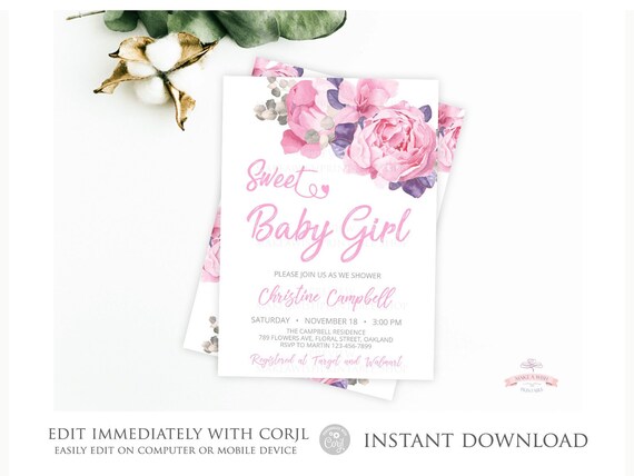 Editable Invitation, Pink and Purple Floral Baby Shower Invitation, Printable Girl Baby Shower Invitation Template, Sweet Baby Girl CU06 Il_570xn