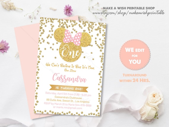 Gold Confetti Minnie Mouse One Birthday Invitation, Minnie 1st Birthday Invitation Printable, Pink and Gold First Birthday Invitation Girl Il_570xn