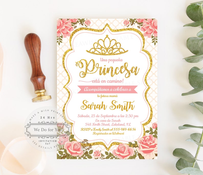 Spanish Little Princess Baby Shower Invitations, Spain Princess Invitation Printable, Girl Baby Shower Invites, Pink and Gold Glitter US03 
