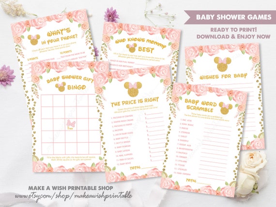 Pink and Gold Minnie Mouse Baby Girl Shower Games, Baby Shower Bingo, Word Scramble, Whats in Your Phone, The Price is Right, Wishes US261 Il_570xn