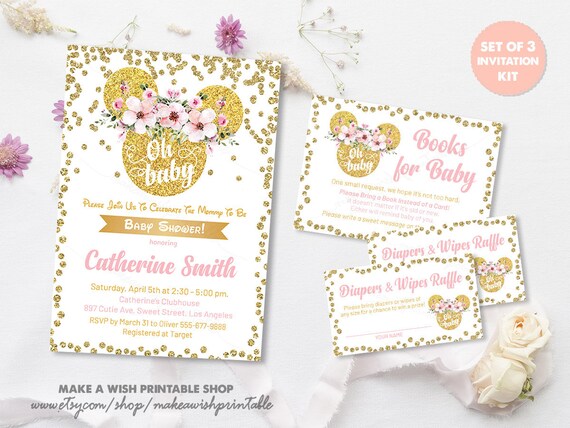 pink and gold minnie mouse baby shower invitations