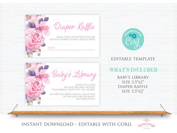 Purple and Pink Peony Baby Shower, Diaper Raffle and Book Card, Editable Book Request Card, Editable Diaper Raffle Tickets, Girl Shower CU06 Il_570xn