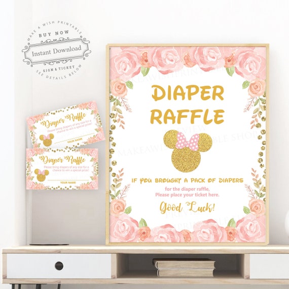 Minnie Mouse Diaper Raffle Ticket and Sign, Pink and Gold Baby Shower Games Printable Girl, Instant Download, Diaper Raffle Card US261 Il_570xn
