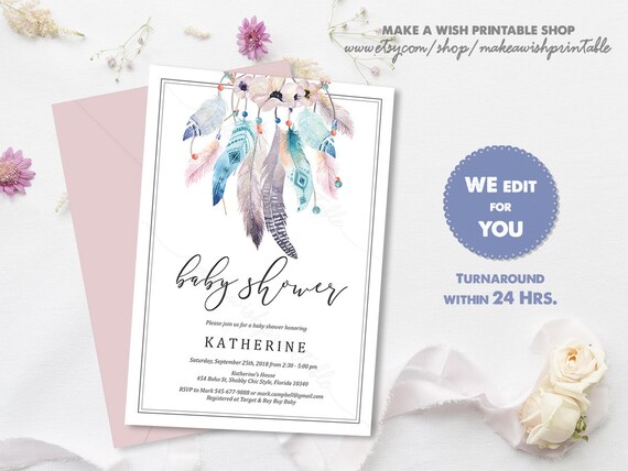 dream catcher baby shower invitations
