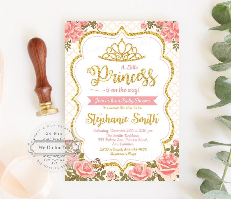 Princess Baby Shower Pink and Gold Floral Invitation Digital, Baby Girl Shower Invitation Printable, Little Princess Baby Shower Invite US03 