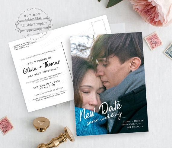 New Date Same Wedding Postcard, Printable Change the Date Postcard Template, Postponed Wedding Postcard, Simple Wedding Announcement Minimal Il_570xn