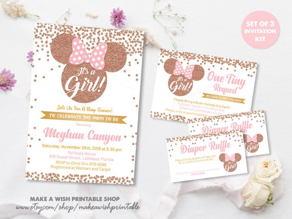 pink and gold minnie mouse baby shower invitations
