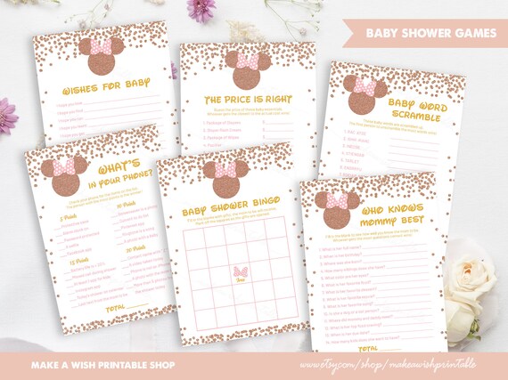 Rose Gold Minnie Mouse Baby Girl Shower Games Bundle, Baby Shower Bingo, Word Scramble, Whats in Your Phone, Price is Right, Wishes US461 Il_570xn