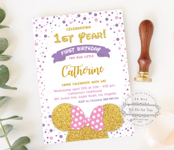 Purple Pink Gold Minnie Mouse First Birthday Invitation Printable, Minnie 1st Birthday Invitation, Polka Dot Confetti Birthday Minnie Invite Il_570xn