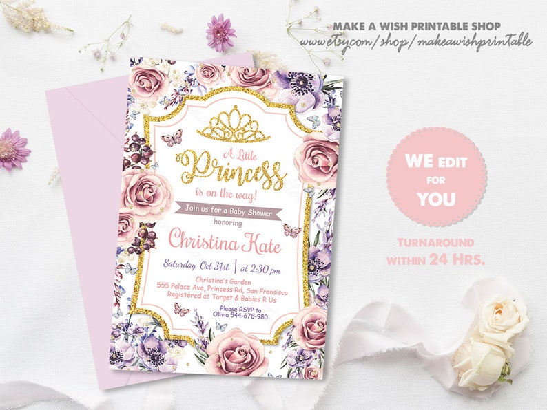 Purple Floral Baby Shower Invitation Lavender Baby Girl Etsy