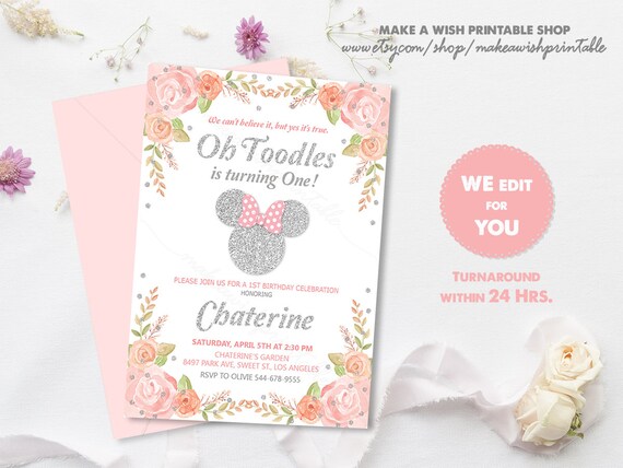 Minnie 1st Birthday Invitation Pink and Silver, Pink Floral First Birthday Invitation Printable, Minnie Mouse Birthday Invitation Girl US55 Il_570xn