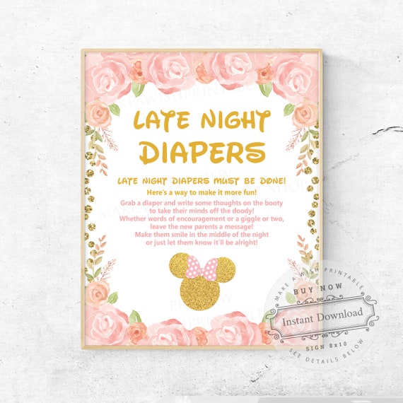 Late Night Diapers Sign, Pink and Gold Minnie Mouse Baby Shower Printable, Diaper Message Sign, Diaper Thoughts Game Sign Download US261 Il_570xn