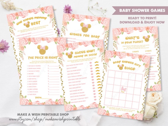 Minnie Mouse Baby Shower Games Printable, Pink and Gold, Whats in Your Purse, Price is Right, Wishes for Baby, Baby Bingo, Guess Who US261 Il_570xn