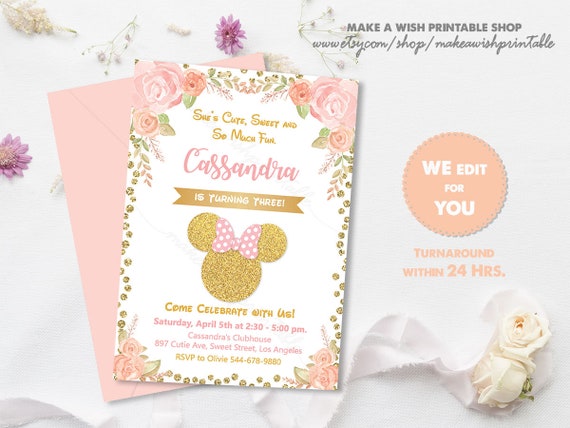 Pink and Gold Minnie Mouse Birthday Invitation, Minnie Mouse Invitation Pink and Gold Glitter, Minnie Birthday Invitation, Pink Floral US261 Il_570xn