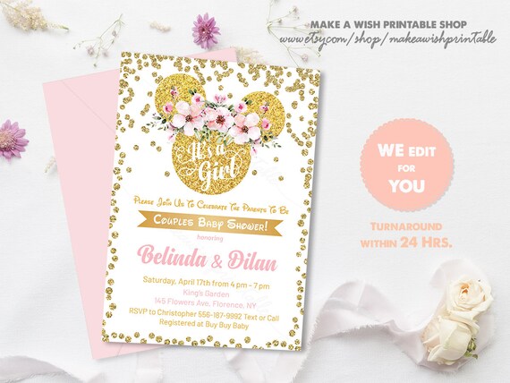 pink and gold minnie mouse baby shower invitations