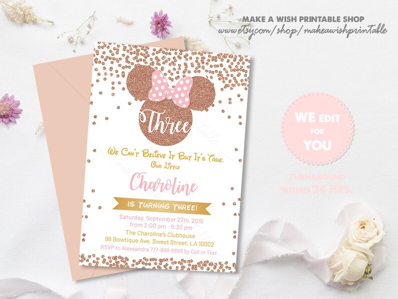 Rose Gold Minnie Mouse Birthday Invitation Girl 3rd ...
