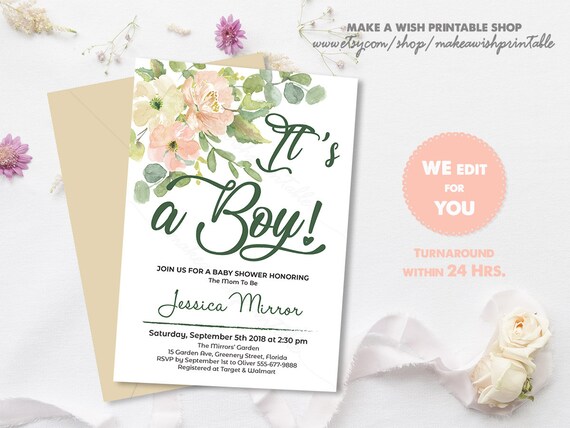 Greenery Baby Shower Invitation Its A Boy Baby Shower Invitation