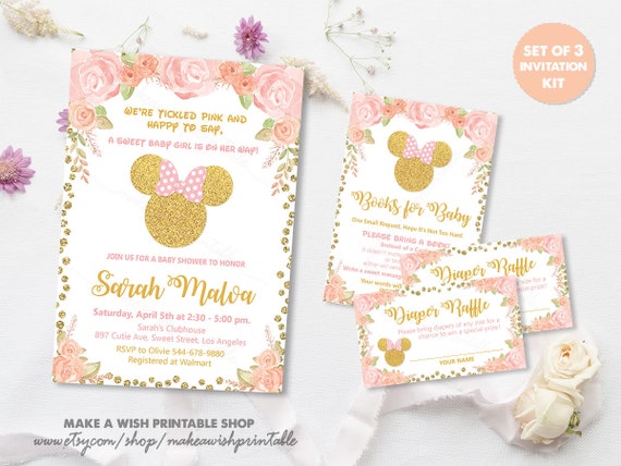 pink and gold minnie mouse baby shower invitations