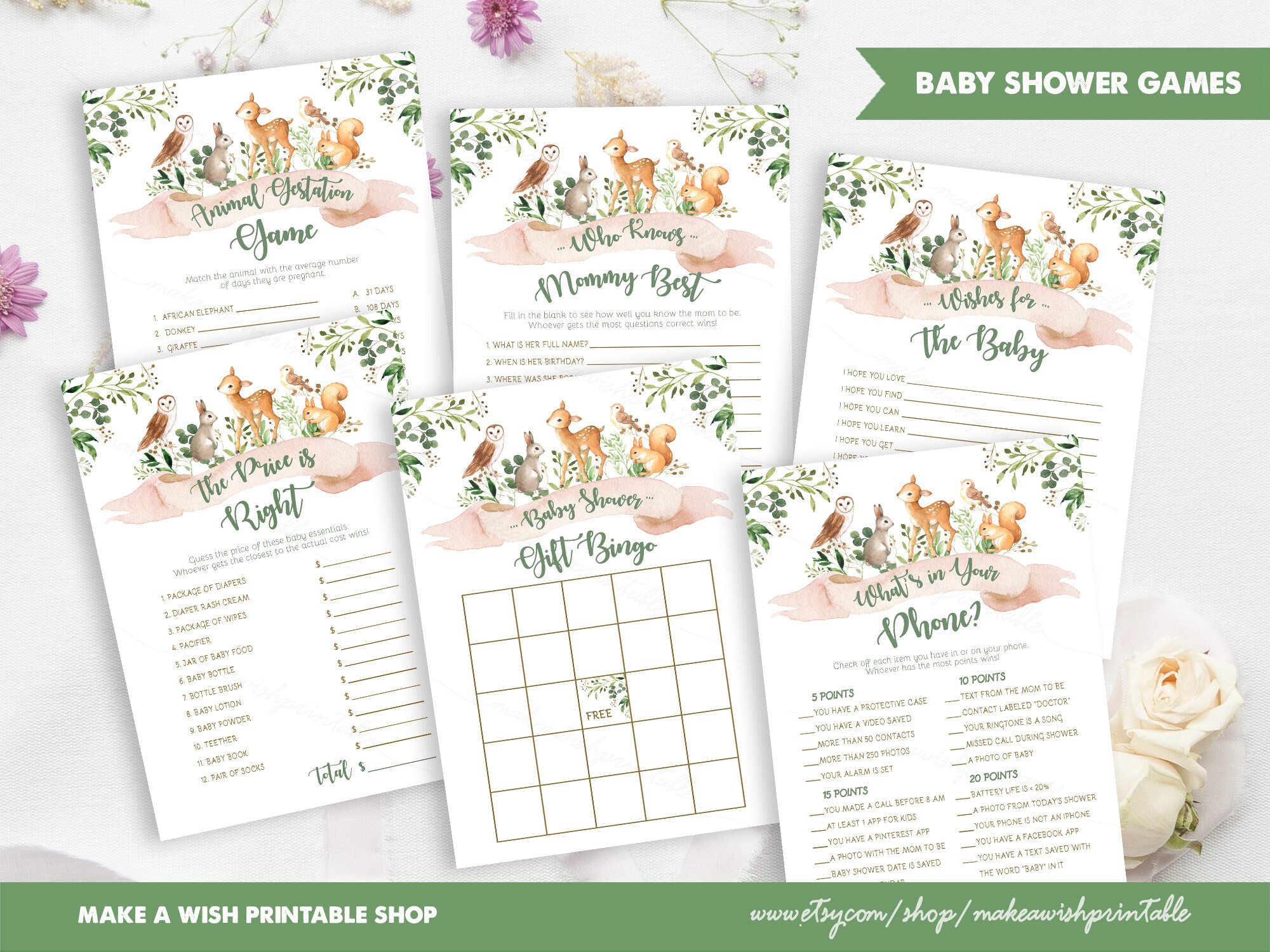 Woodland Animals Baby Shower Games Printable Greenery Baby Etsy